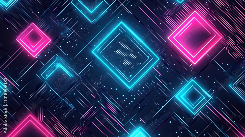 Poster Abstract digital background with glowing neon squares on a circuit board pattern.