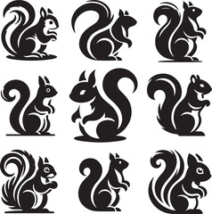 Black silhouette illustrations of squirrel