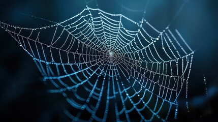 A spider web at night, dew-laden and silhouetted against a dark background.