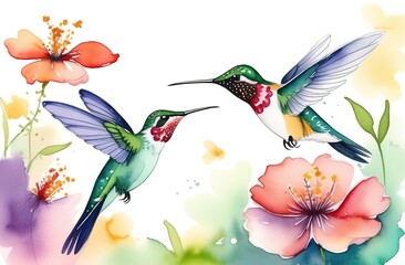 A watercolor hummingbird sipping nectar from a bouquet of vivid flowers, animals, watercolor style, white background, with copy space