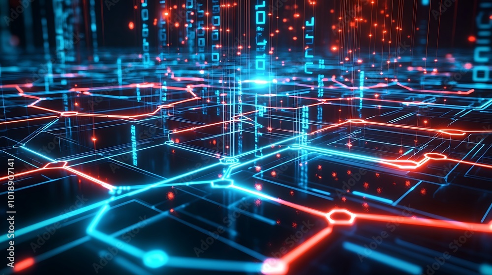 Poster Abstract digital network with glowing lines and data streams in blue and red on dark background.