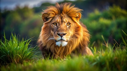 Obraz premium Majestic Lion Playfully Interacting in Natural Habitat Showcasing Strength and Graceful Movements