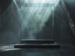 A Glimmering Showcase Illuminated by Ethereal Rays in a Dark, Enigmatic Space Evoking Mystery and Intrigue for the Imagination.