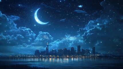 A tranquil city skyline at night under a crescent moon, surrounded by clouds and twinkling stars.
