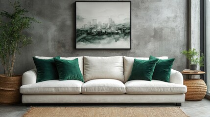 Minimalist interior design of a modern living room. An ivory suede sofa with emerald cushions against a concrete wall. on the wall is a minimalist painting painted in watercolors.