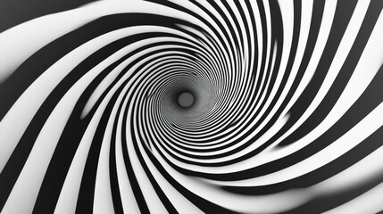 Abstract black and white spiral pattern, resembling a vortex or tunnel, with a dark center.