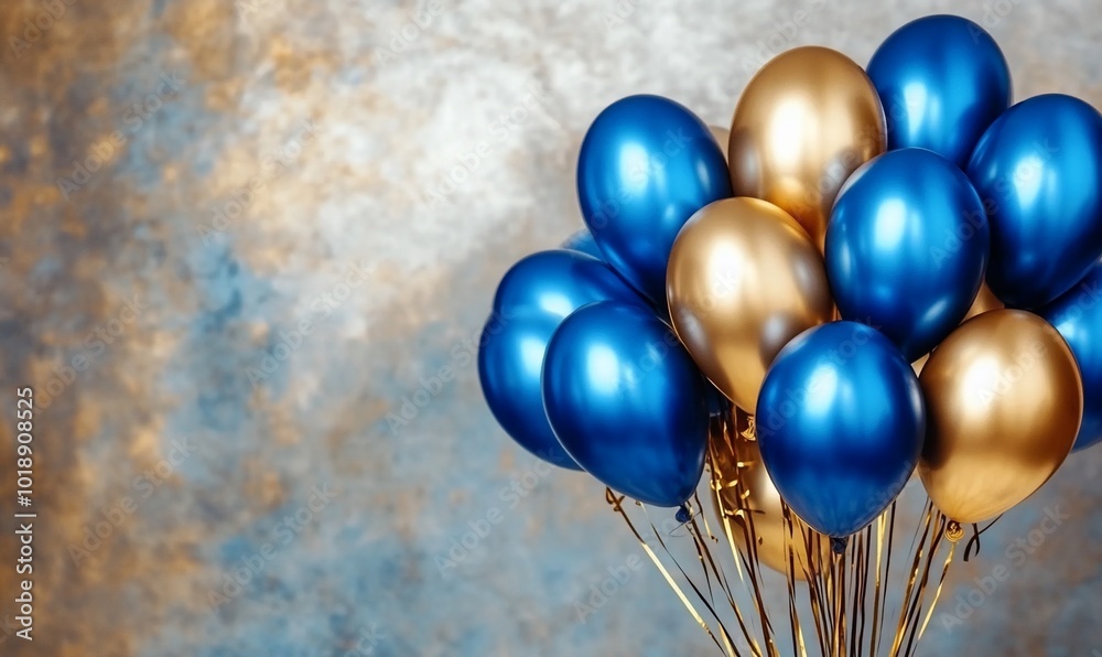 Wall mural A cluster of blue and gold balloons against a textured background.