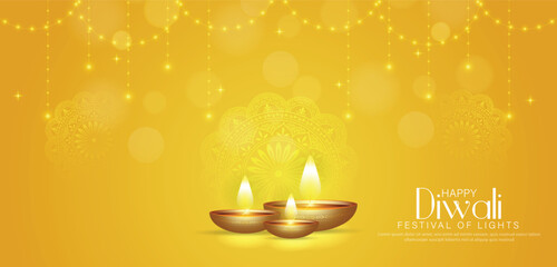 Happy Diwali - festival of lights colorful banner template design with decorative diya lamp.