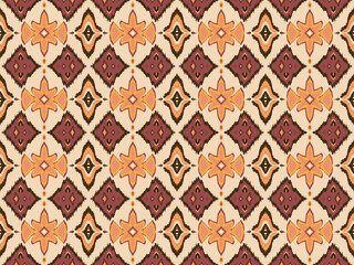 Intricate floral pattern featuring orange flowers and geometric shapes in earthy tones, creating vibrant and harmonious design.  Seamless Pattern paint lines