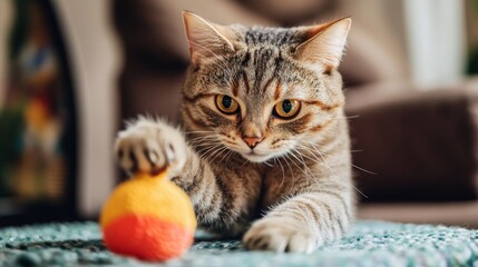 Playful Cat Engaging with Colorful Toy Ball