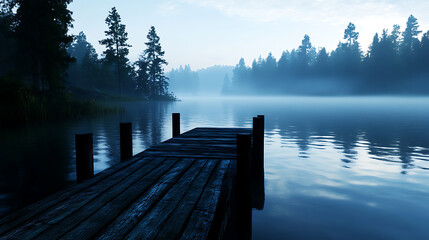 Naklejka premium Misty lake at dawn with a serene wooden dock reflecting calm waters.