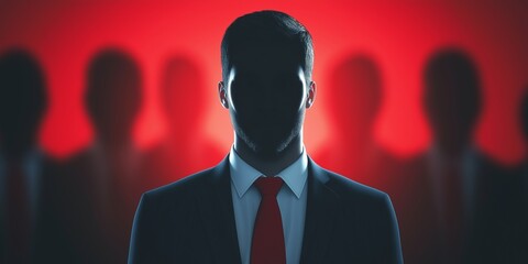 A mysterious silhouette of an evil business man in a suit, highlighted by dramatic red lighting, evokes intrigue and suspense.
