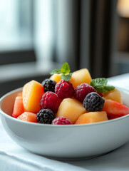 Bowl of mixed fruit with mint garnish.