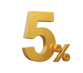 3d render Golden number 5 with percent on isolated background. ecommerce marketing shop offers on special sale discount low price. illustration element