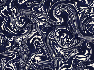 Abstract navy blue and white swirling pattern creates dynamic and fluid visual effect, perfect for backgrounds or artistic designs.  Seamless Pattern paint lines
