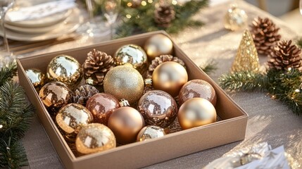 A box of gold and pink Christmas ornaments on a table setting with pine cones, greenery and a small Christmas tree.
