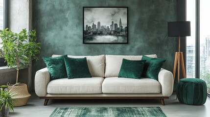 Minimalist interior design of a modern living room. An ivory suede sofa with emerald cushions against a concrete wall. on the wall is a minimalist painting painted in watercolors.