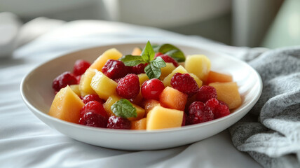 Colorful fruit salad in a white bowl on table.