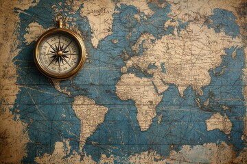 A vintage world map with detailed compass elements, ideal for themes travel and geographical exploration.