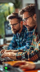 Young engineers deeply focused on working with robotics and electronics in a high-tech innovation lab showcasing the technological creativity and problem-solving skills.