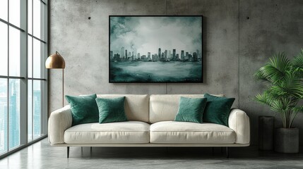 Minimalist interior design of a modern living room. An ivory suede sofa with emerald cushions against a concrete wall. on the wall is a minimalist painting painted in watercolors.