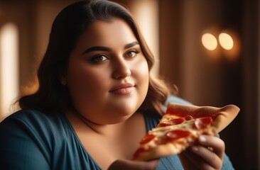 Naklejka premium A fat woman in a blue T-shirt sits on a blue sofa. She has a piece of pizza in her hands
