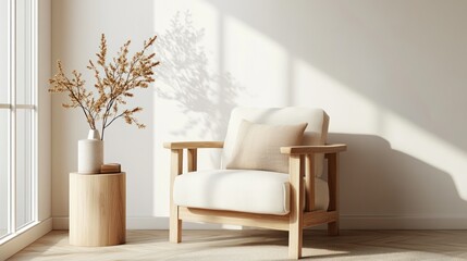 Cozy Living Room Interior Design with White Armchair and Wooden Side Table