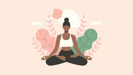 Minimalistic wellness illustration with a person meditating, abstract nature elements, and calming pastel tones, symbolizing mental and physical health