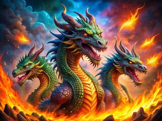 Majestic Three-Headed Dragon Surrounded by Mystical Flames in an Enchanting Fantasy Landscape