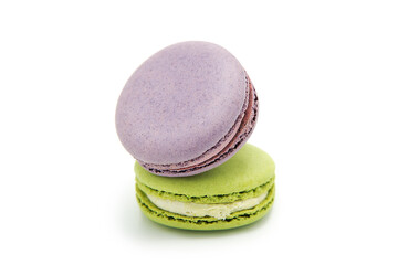 Sweet colorful varied assortment macarons cookies with filling isolated on a white background. Handmade traditional sweets. Clipping Path.	