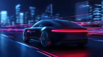 Sleek electric car driving through a futuristic city at night with vibrant neon lights illuminating the skyline