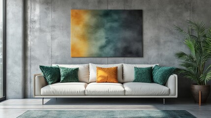 Minimalist interior design of a modern living room. An ivory suede sofa with emerald cushions against a concrete wall. on the wall is a minimalist painting painted in watercolors.