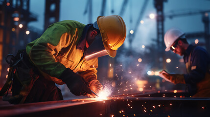 Workers welding steel structures in a construction site at night, sparks flying.