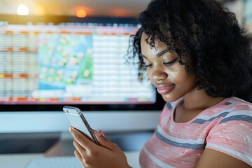 young African American woman using her mobile phone to search for real estate properties online. The background shows a mix of house and apartment listings on a computer screen, with a map