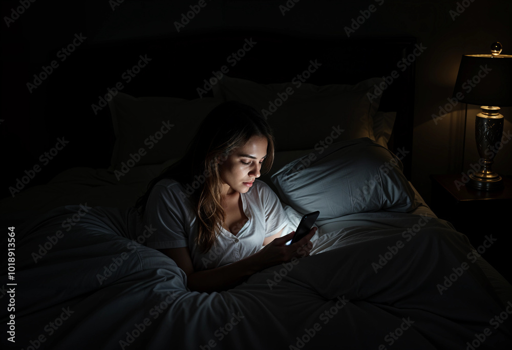 Wall mural A woman using social media on her phone before sleep, her face lit by the phone's light in a dark bedroom.

