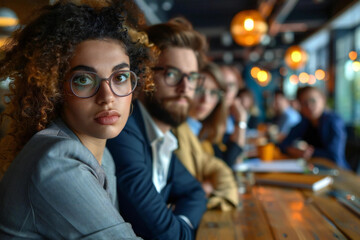 Obraz premium Team of diverse professionals looking bored and uninterested during a presentation meeting in an office setting.