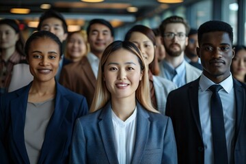 Obraz premium Diverse group of business professionals from different cultures and backgrounds standing together in an office setting, smiling and looking directly at the camera.
