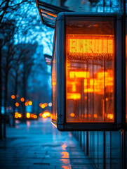 Fototapeta premium City bus stop display glowing on a rainy evening.