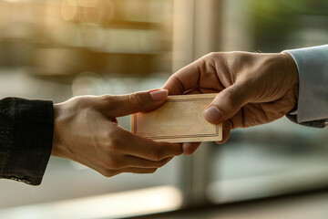 Close-up of a businessperson's hands exchanging a gift card with another businessperson, symbolizing employee appreciation and gratitude in an office setting.