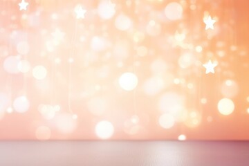 Abstract pastel pink and gold bokeh lights on light background. Glittering shine lights. Christmas and New Year decorations. Festive backdrop for wedding, birthday, Valentine Day, party
