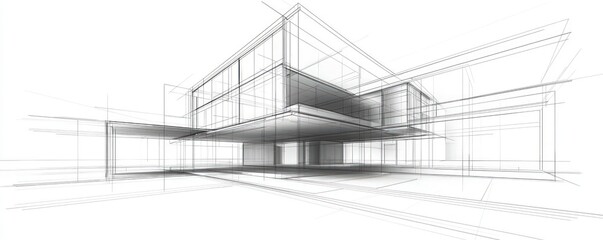 Abstract architectural design in a three-dimensional perspective line art.