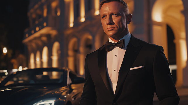 Eleganter Agent im ma&szlig;geschneiderten Smoking, mysteri&ouml;ser Blick, Sportwagen im Hintergrund, britischer Geheimagent auf Mission, Action-Held, Luxus-Lifestyle, Spionage-Szene