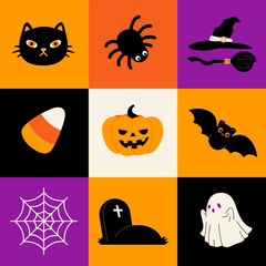 Halloween spooky and cute elements in colorful squares for pattern, banner decoration, print, invitation card, Halloween party, October festival. Flat vector illustration