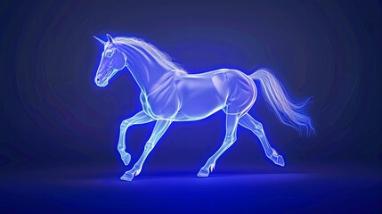 Volumetric figure of a unicorn with glowing neon outline. The hoofed mythical animal is running fast. Illustration for cover, card, postcard, interior design, banner, poster, brochure or presentation.