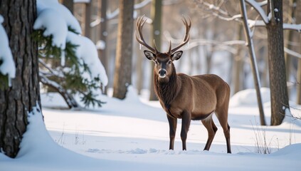 Majestic deer poses serene in snow-covered woodland gazing at the viewer