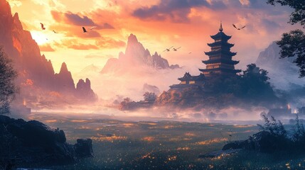 Fototapeta premium A majestic pagoda stands on a hilltop overlooking a misty valley at sunset. Birds soar in the sky, adding to the serene atmosphere.
