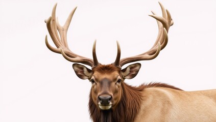 Fototapeta premium Watercolor depiction of an imposing elk with grand antlers against a pure white backdrop