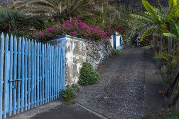 Blue fence and white wall. Garden and flowers. Coast at Praia de São Jorge. Ocean.