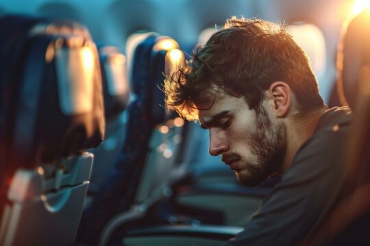 young man sitting nervously in an airplane seat, visibly experiencing an anxiety attack from his fear of flying.