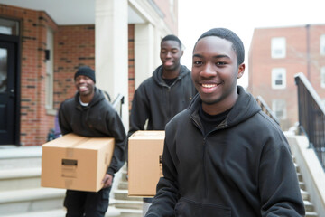 group of young African American movers carrying boxes up residential stairs.